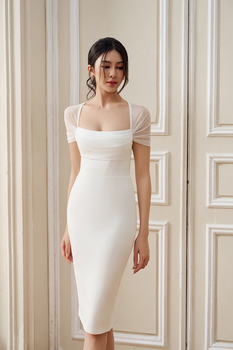 Serenade Padded Drape Mesh Pencil Dress in Iconic White