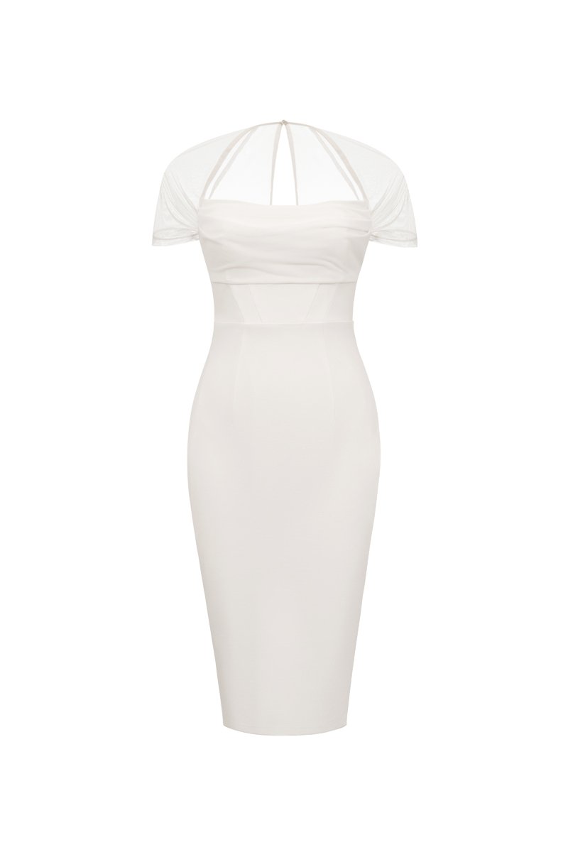 Serenade Padded Drape Mesh Pencil Dress in Iconic White