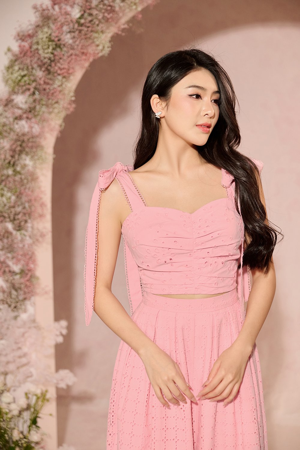 Sioux Ruched Sweetheart Broderie Anglaise Top with Ribbon Straps in Cherry Blossom