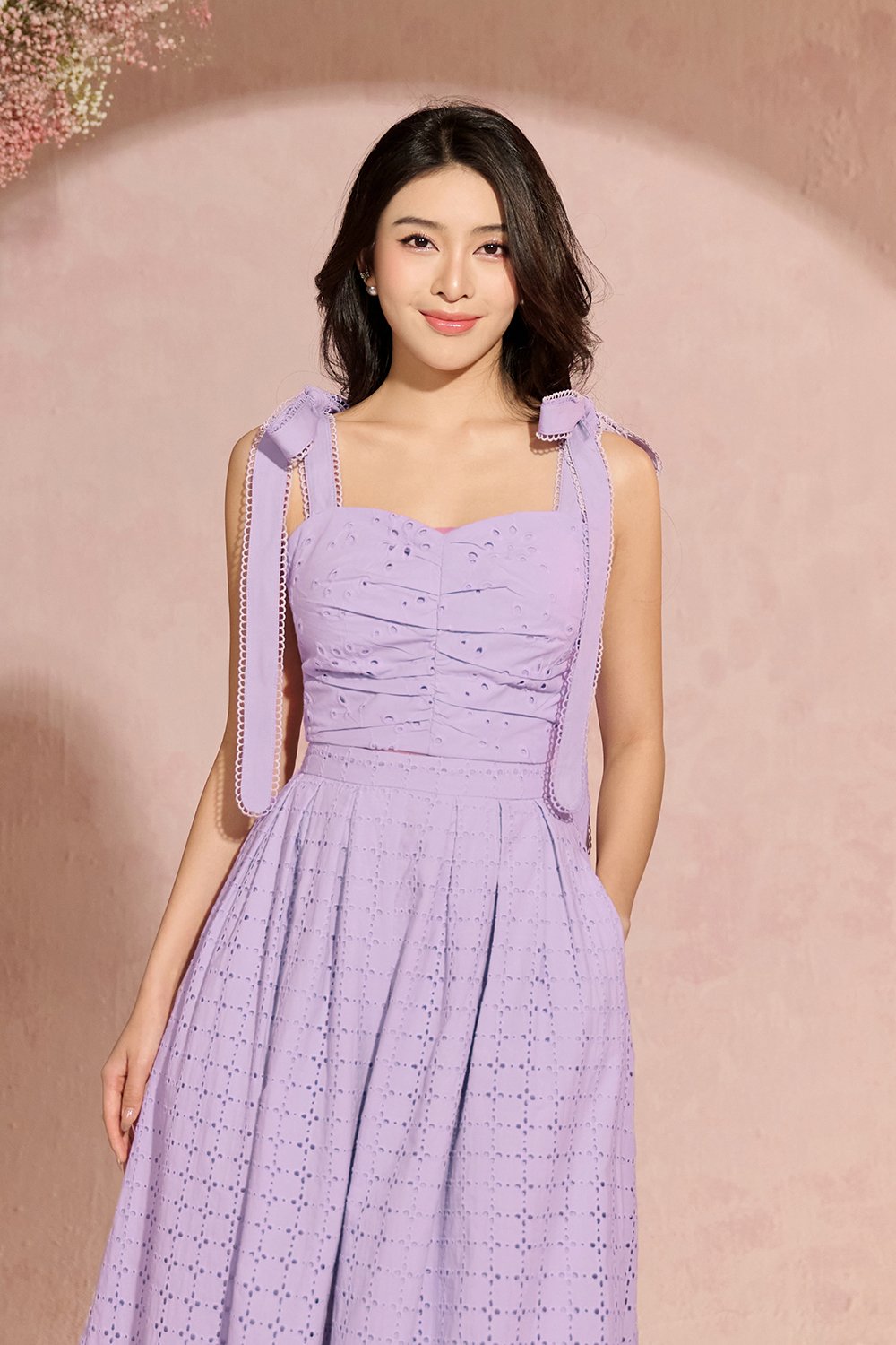 Sioux Ruched Sweetheart Broderie Anglaise Top with Ribbon Straps in French Lilac