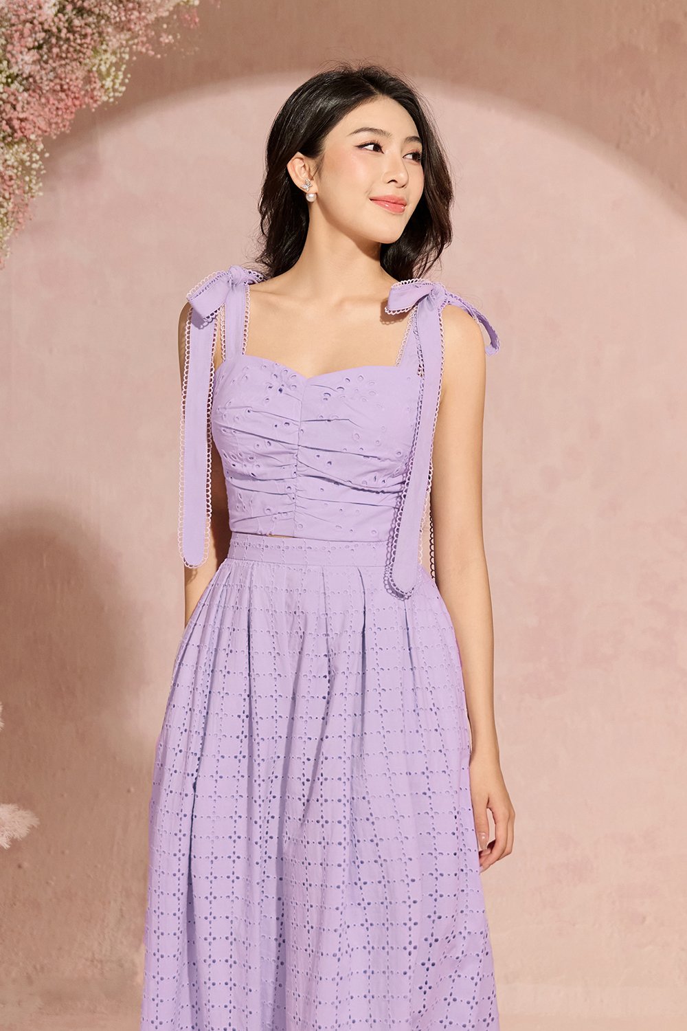 Sioux Ruched Sweetheart Broderie Anglaise Top with Ribbon Straps in French Lilac