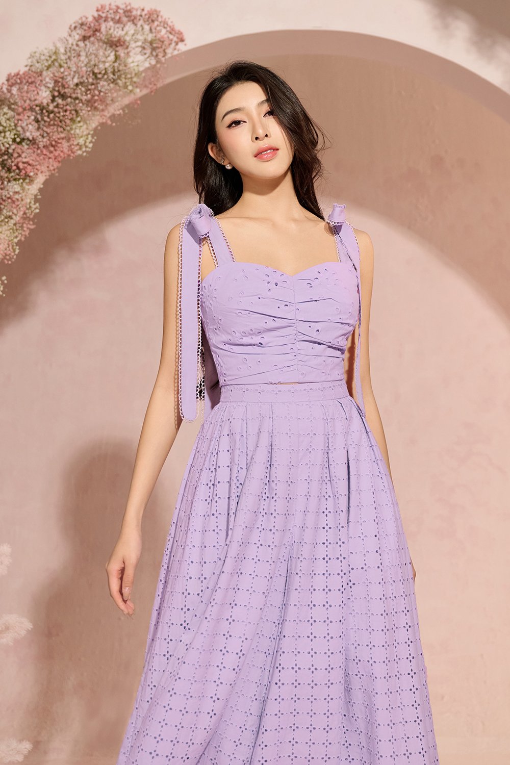 Sioux Ruched Sweetheart Broderie Anglaise Top with Ribbon Straps in French Lilac