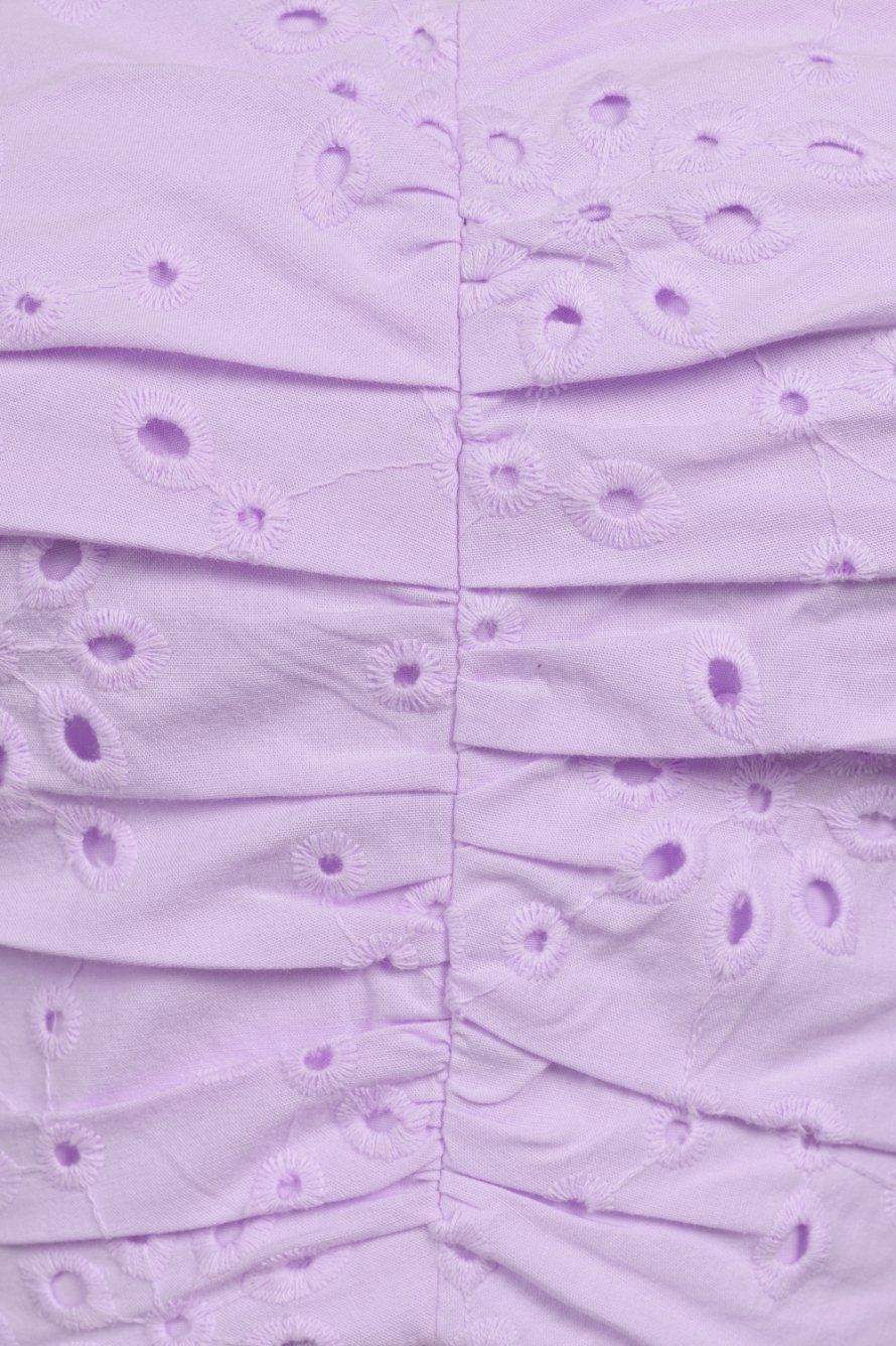 Sioux Ruched Sweetheart Broderie Anglaise Top with Ribbon Straps in French Lilac