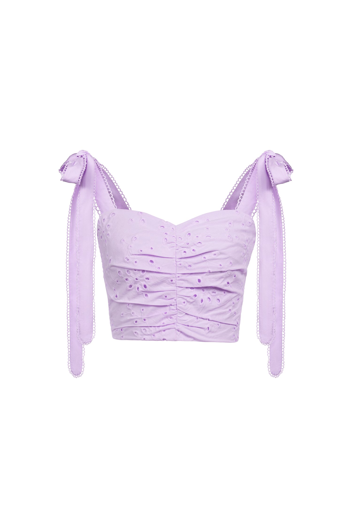 Sioux Ruched Sweetheart Broderie Anglaise Top with Ribbon Straps in French Lilac