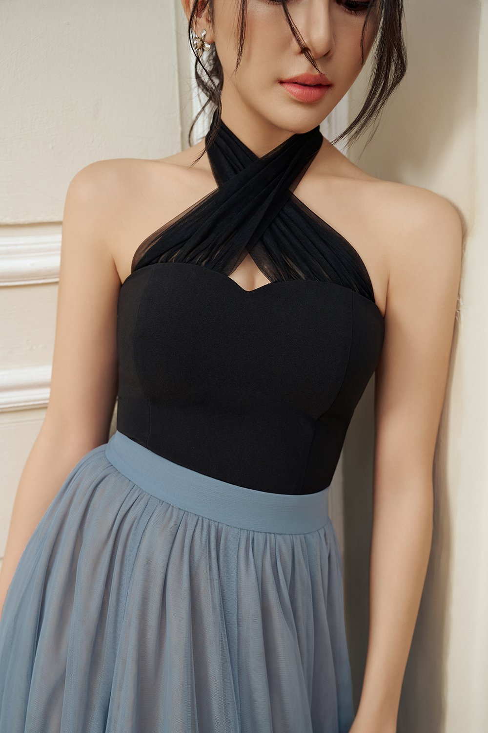 Vivienne Mesh Sweetheart Halter Crop Top in Classic Black