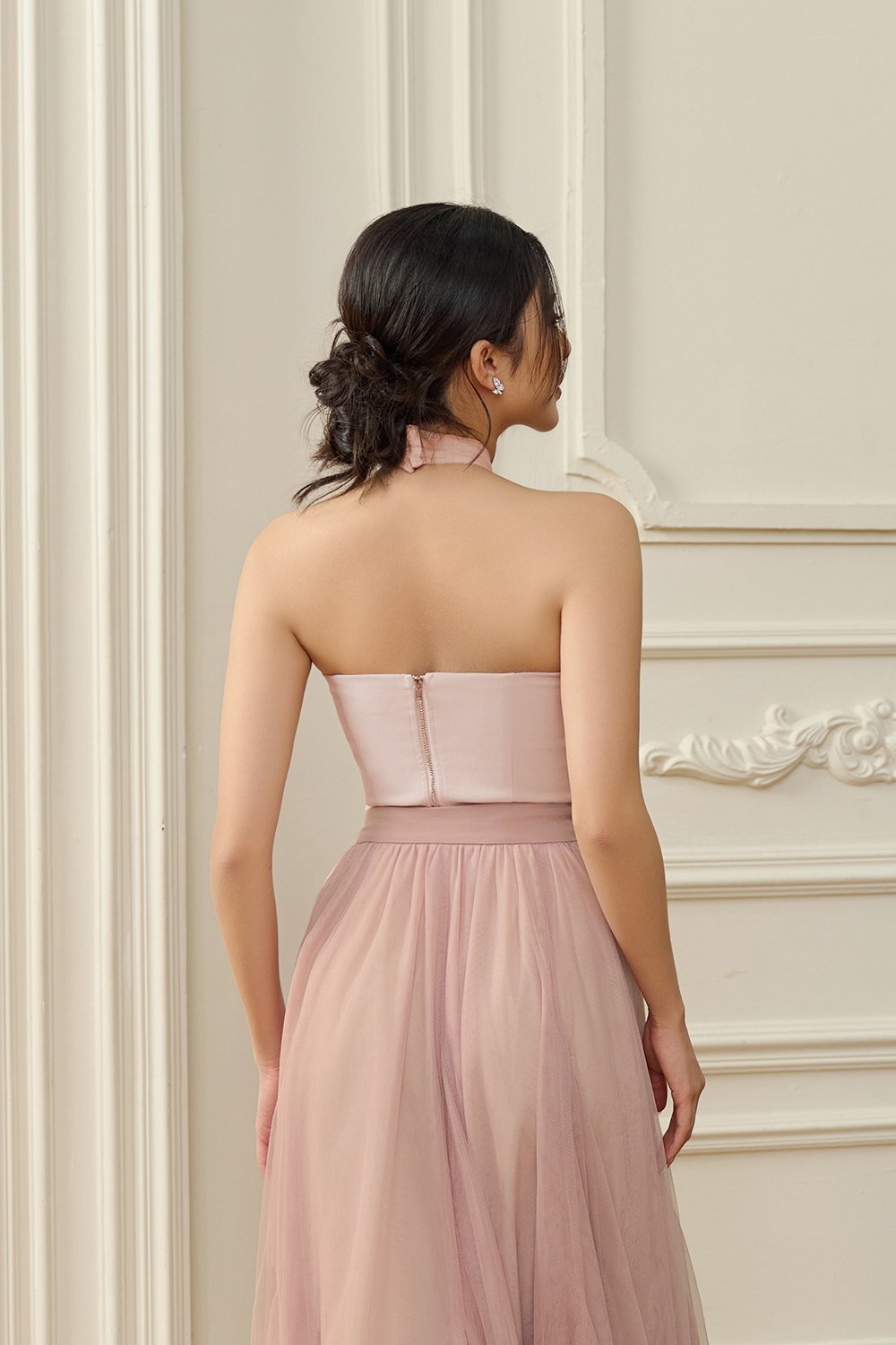 Vivienne Mesh Sweetheart Halter Crop Top in Petal Veil