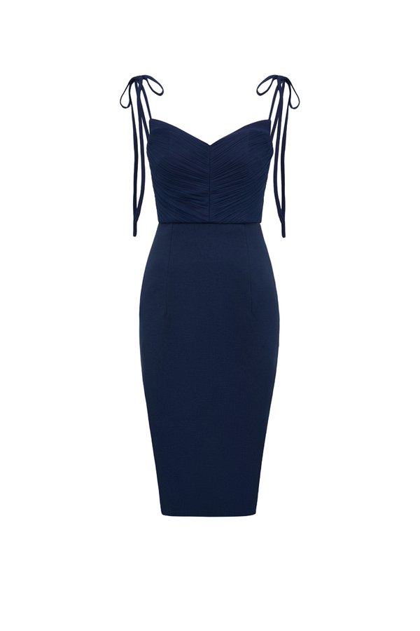 Éclair Pleated Tulle Bodice Ribbon Straps Pencil Dress in Eclipse Blue