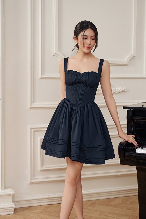 Amoryn Pintuck Ruched Mini Dress in Midnight Charm