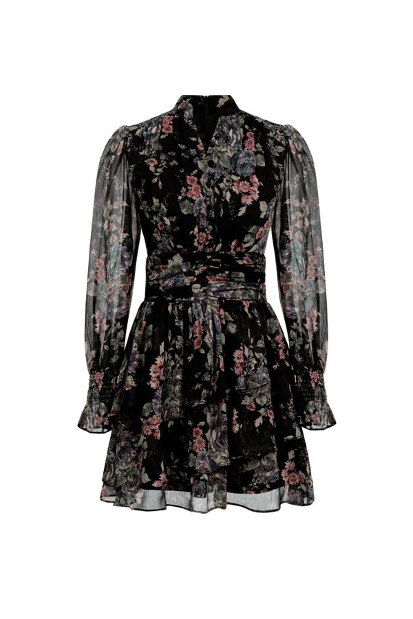 Azure Billowy Sleeves Tiered Mini Dress in Eclipse Blooms