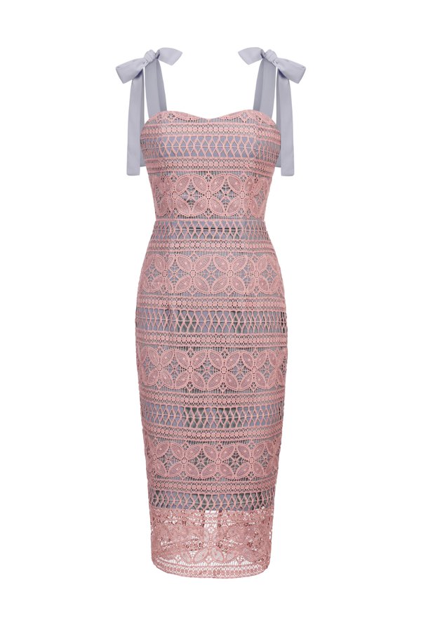 Catiana Ribbon Strap Fitted Crochet Dress in Blush Pink/Grey 