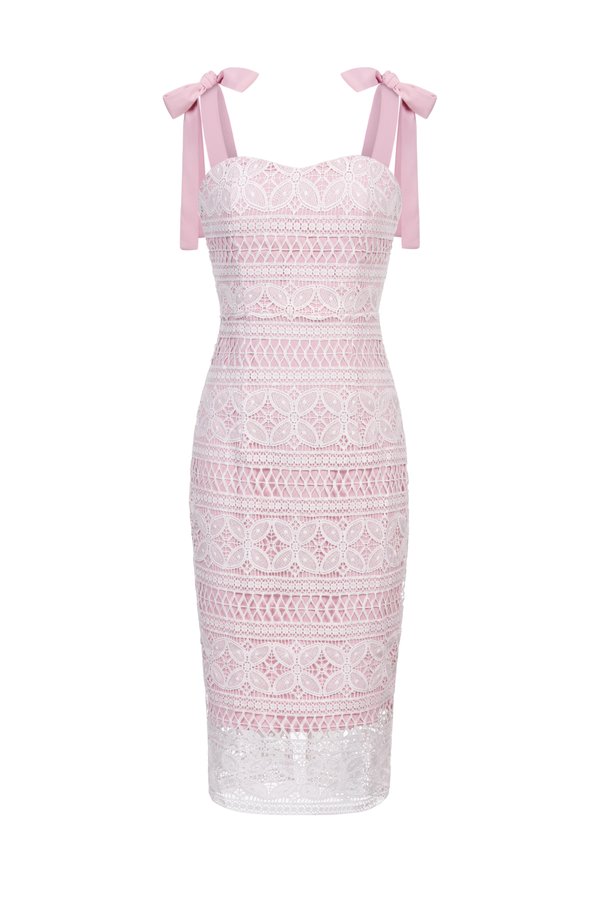 Catiana Ribbon Strap Fitted Crochet Dress in Iconic White/Powder Rose 