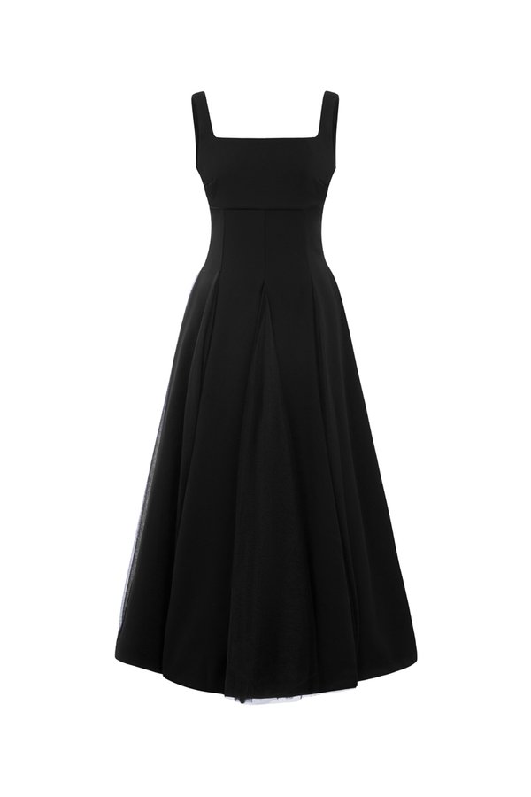 Clarisse Padded Tulle Midi Dress in Classic Black