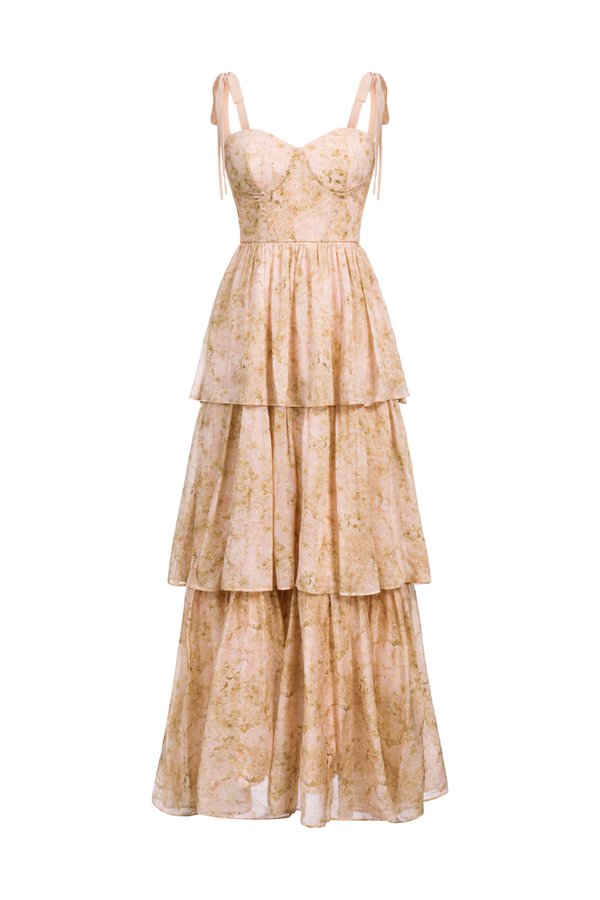 Coralie Sweetheart Chiffon Ribbon Straps Tiered Maxi Dress in Peach Meadow