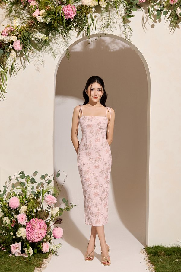 Danielle Padded Crochet Ribbon Tie Midi Dress in Blush Blooms