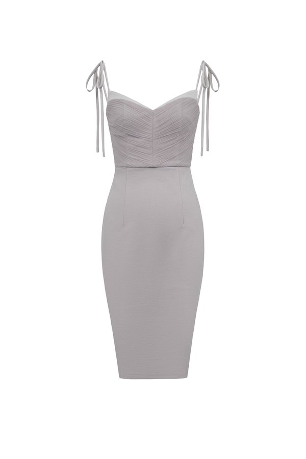 Éclair Pleated Tulle Bodice Ribbon Straps Pencil Dress in Dove Grey