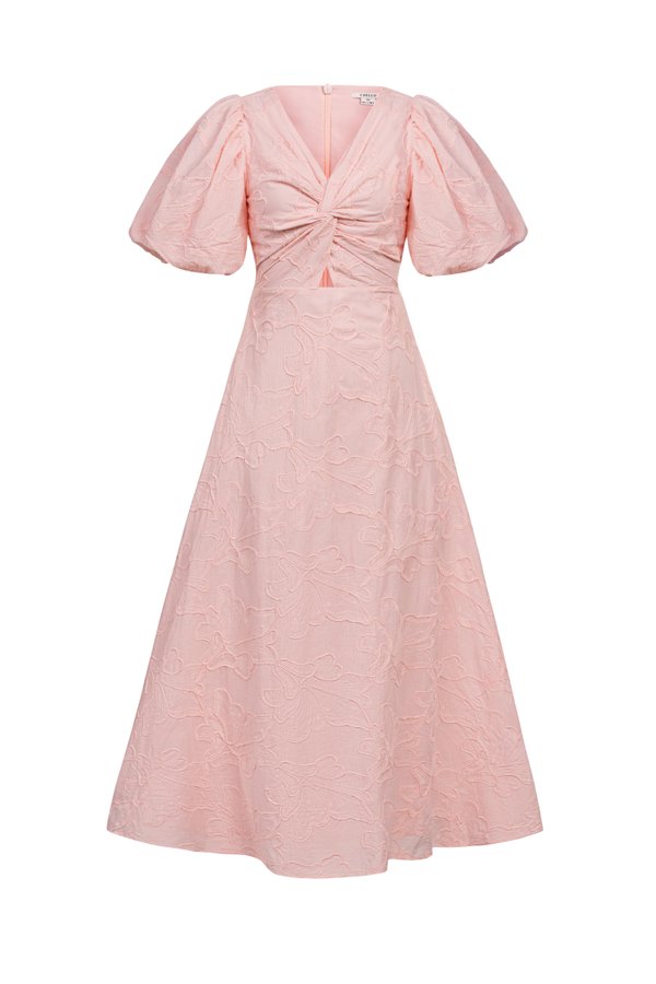 Ellie Puffy Sleeves Embroidered Cotton Midi Dress in Baby Pink
