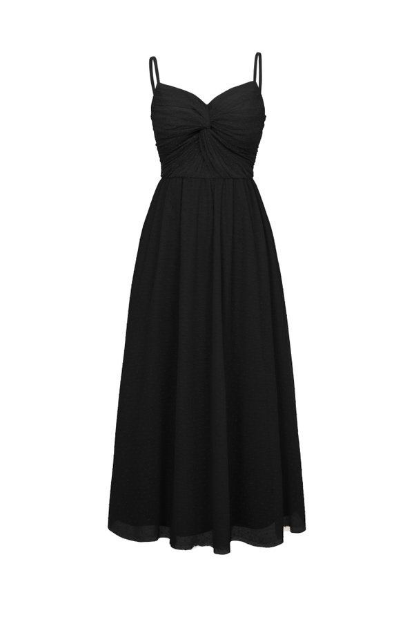 Enchanté Padded Twist Tulle Midi Dress in Classic Black