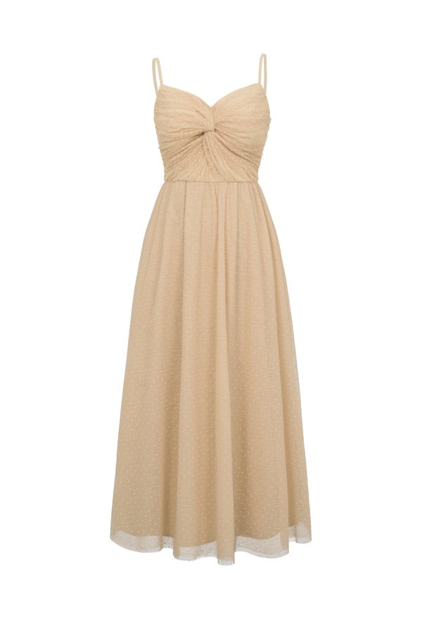 Enchanté Padded Twist Tulle Midi Dress in Golden Dusk