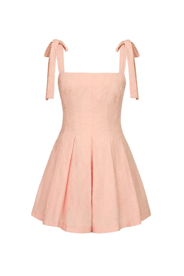 Erica Ribbon Tie Embroidered Romper in Coral Blossom