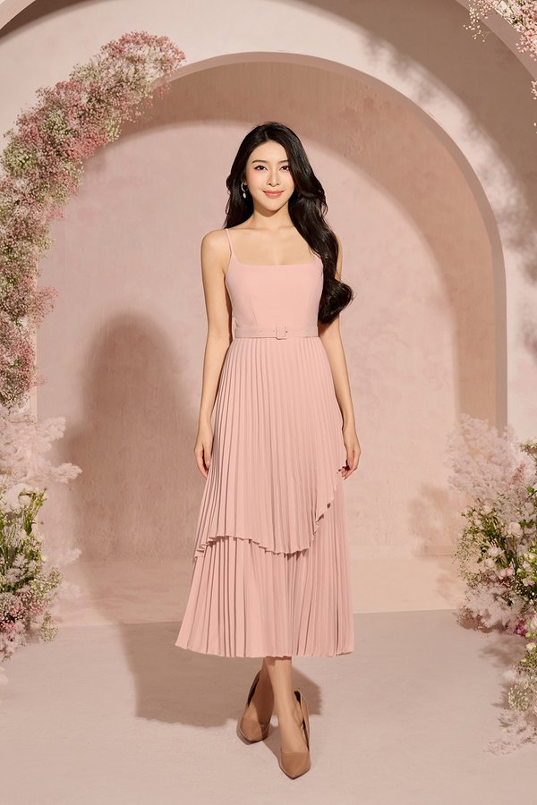 Ivy Layered Pleated Midi Dress in Nude Rose
