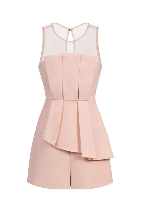 Kalei Asymmetrical Pleated Peplum Romper in Nude Rose