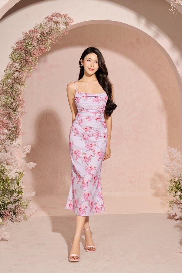 Keren Pleated Twist Back Padded Dress in Lilac Rosette Garden