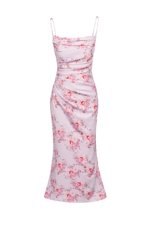Keren Pleated Twist Back Padded Dress in Lilac Rosette Garden