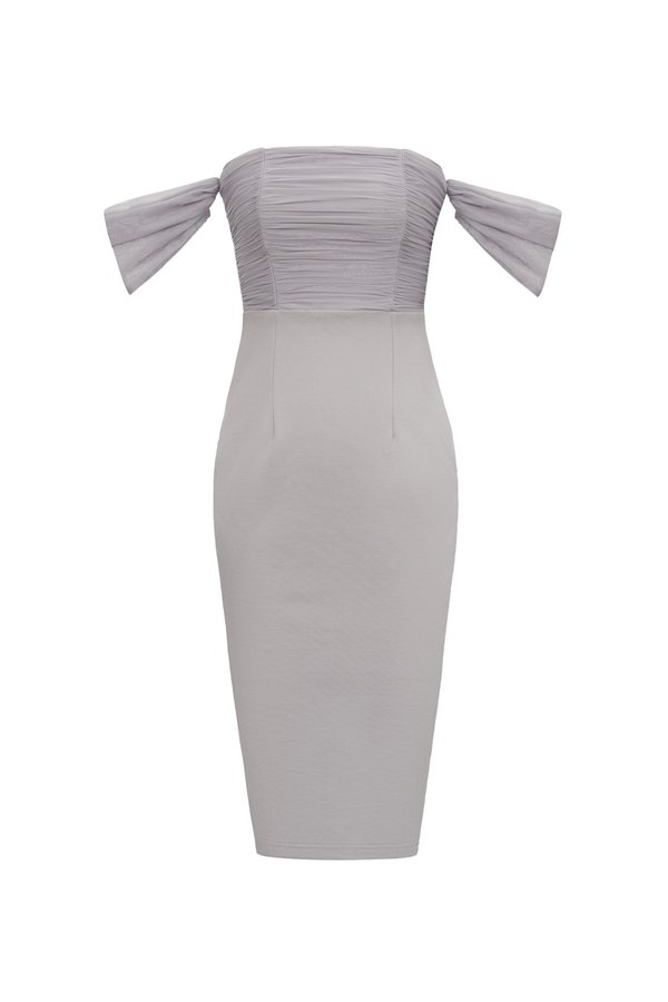 Noelle Padded Off Shoulder Mesh Pencil Dress in Twilight Grey