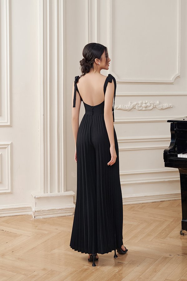 Noémie Padded Chiffon Ribbon Straps Pleated Jumpsuit in Classic Black