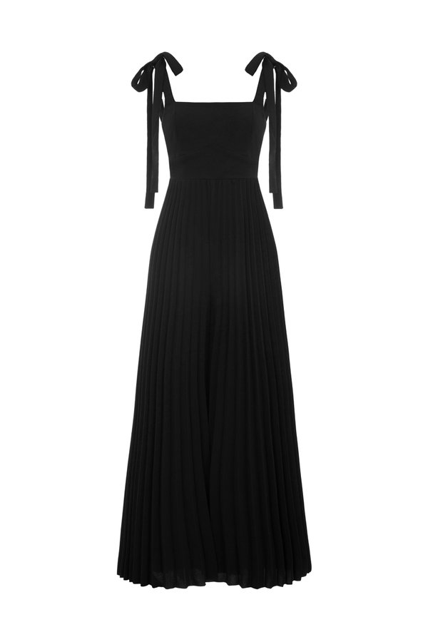 Noémie Padded Chiffon Ribbon Straps Pleated Jumpsuit in Classic Black
