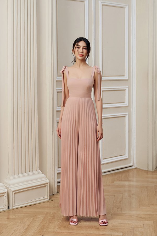 Noémie Padded Chiffon Ribbon Straps Pleated Jumpsuit in Pink Mirage