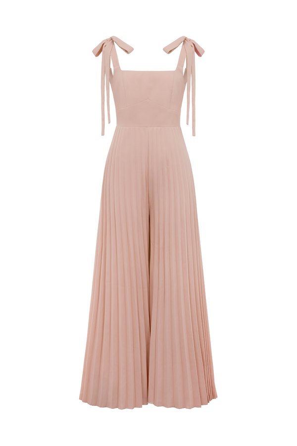 Noémie Padded Chiffon Ribbon Straps Pleated Jumpsuit in Pink Mirage