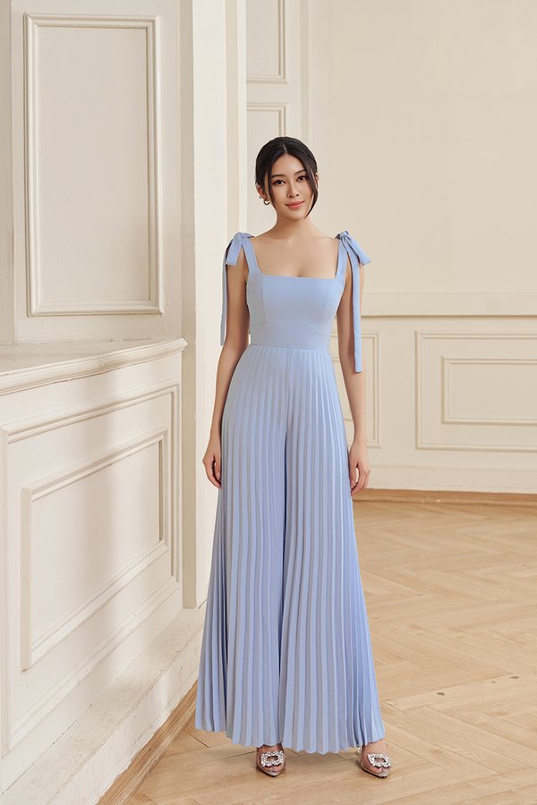 Noémie Padded Chiffon Ribbon Straps Pleated Jumpsuit in Sky Breeze