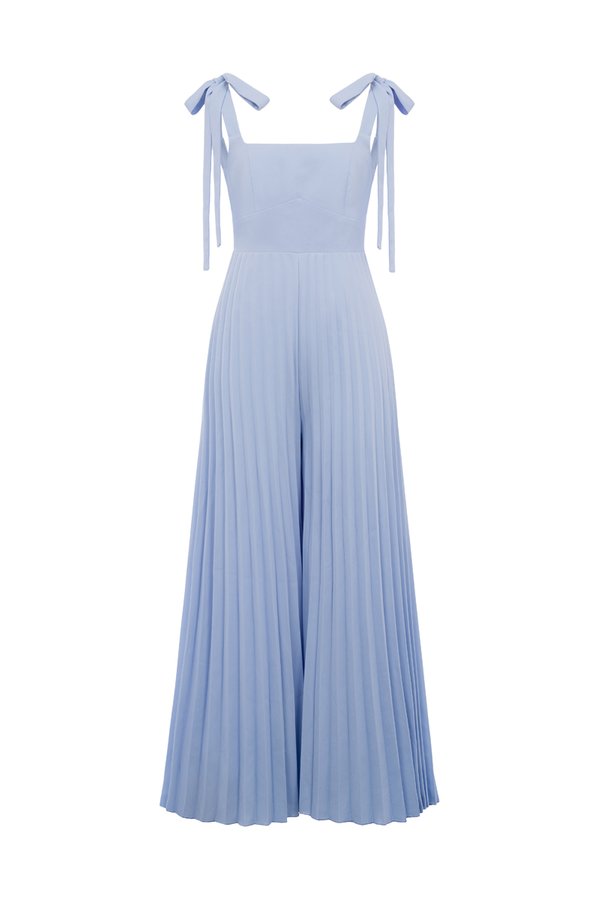 Noémie Padded Chiffon Ribbon Straps Pleated Jumpsuit in Sky Breeze