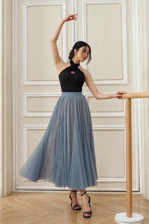 Pirouette Midi Tulle Skirt in Dusky Azure