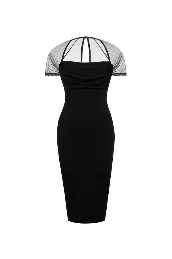 Serenade Padded Drape Mesh Pencil Dress in Classic Black