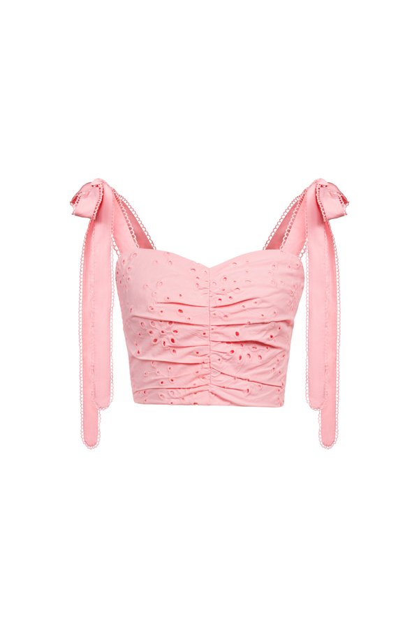 Sioux Ruched Sweetheart Broderie Anglaise Top with Ribbon Straps in Cherry Blossom