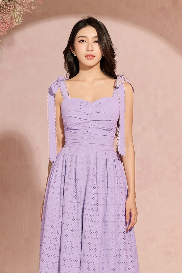 Sioux Ruched Sweetheart Broderie Anglaise Top with Ribbon Straps in French Lilac