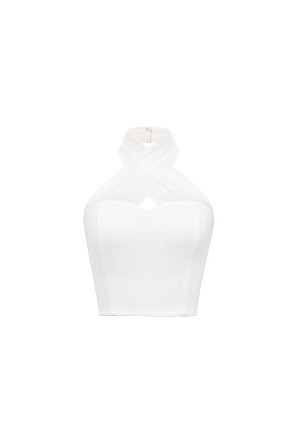 Vivienne Mesh Sweetheart Halter Crop Top in Iconic White