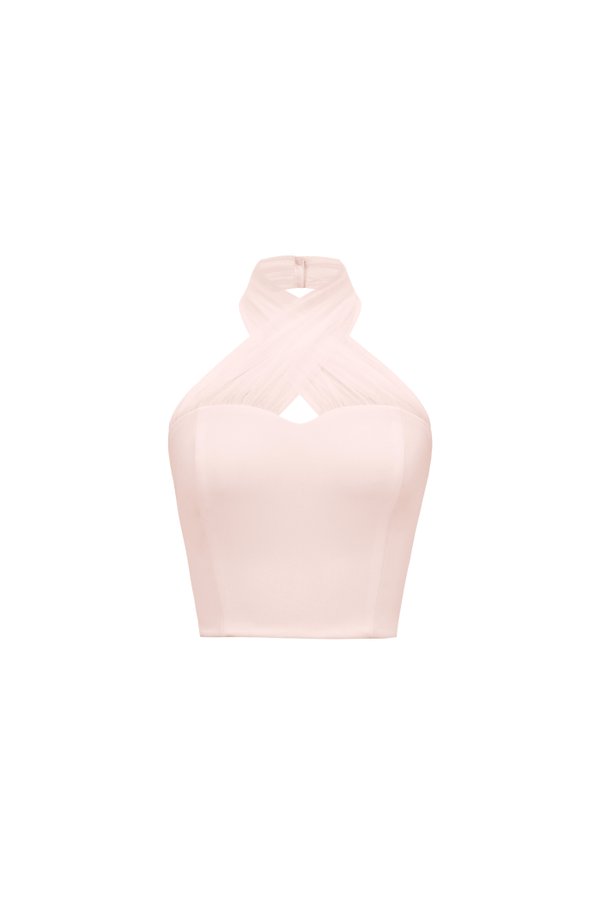 Vivienne Mesh Sweetheart Halter Crop Top in Petal Veil