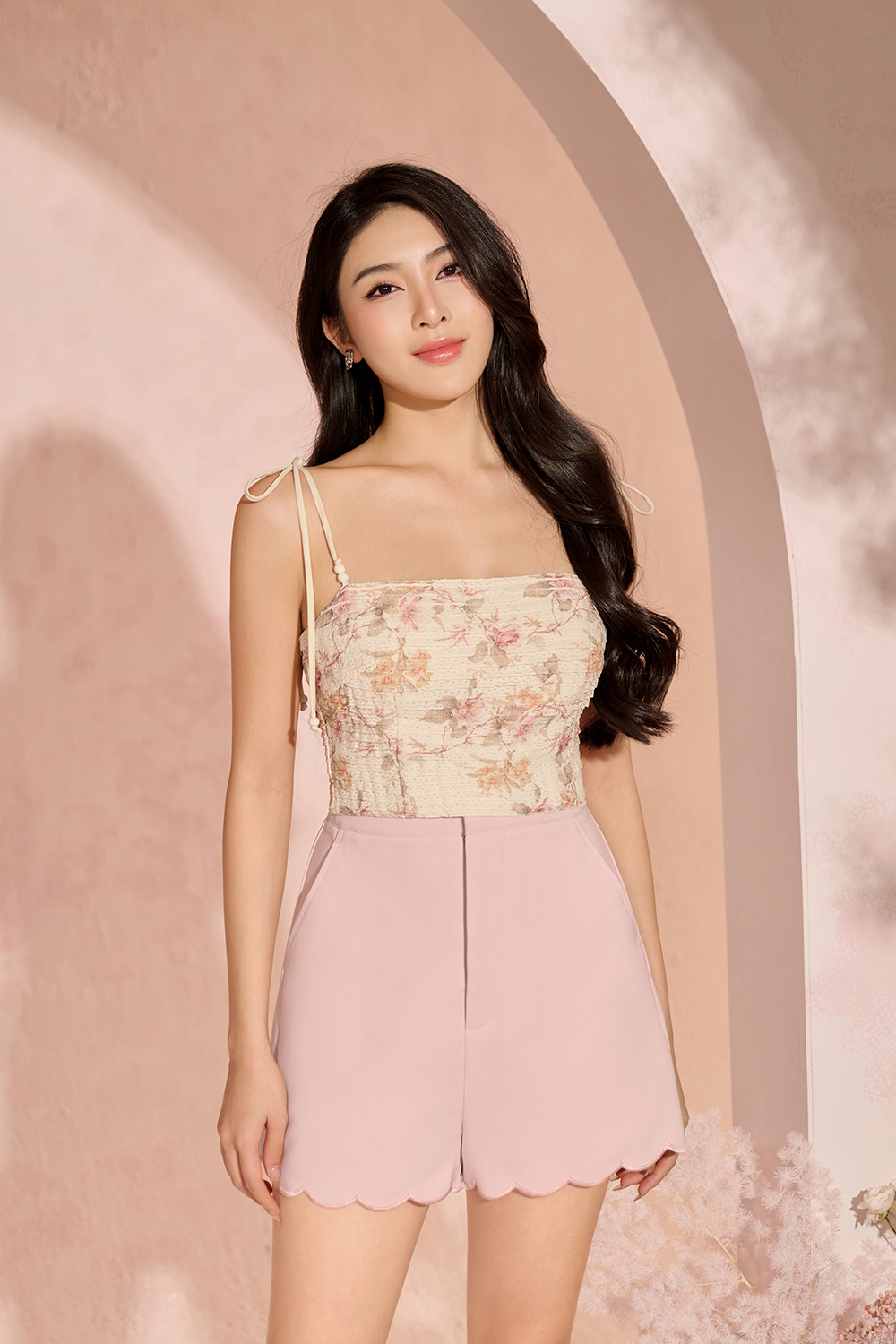 Danielle Padded Crochet Ribbon Tie Top in Ivory Blooms | Chello