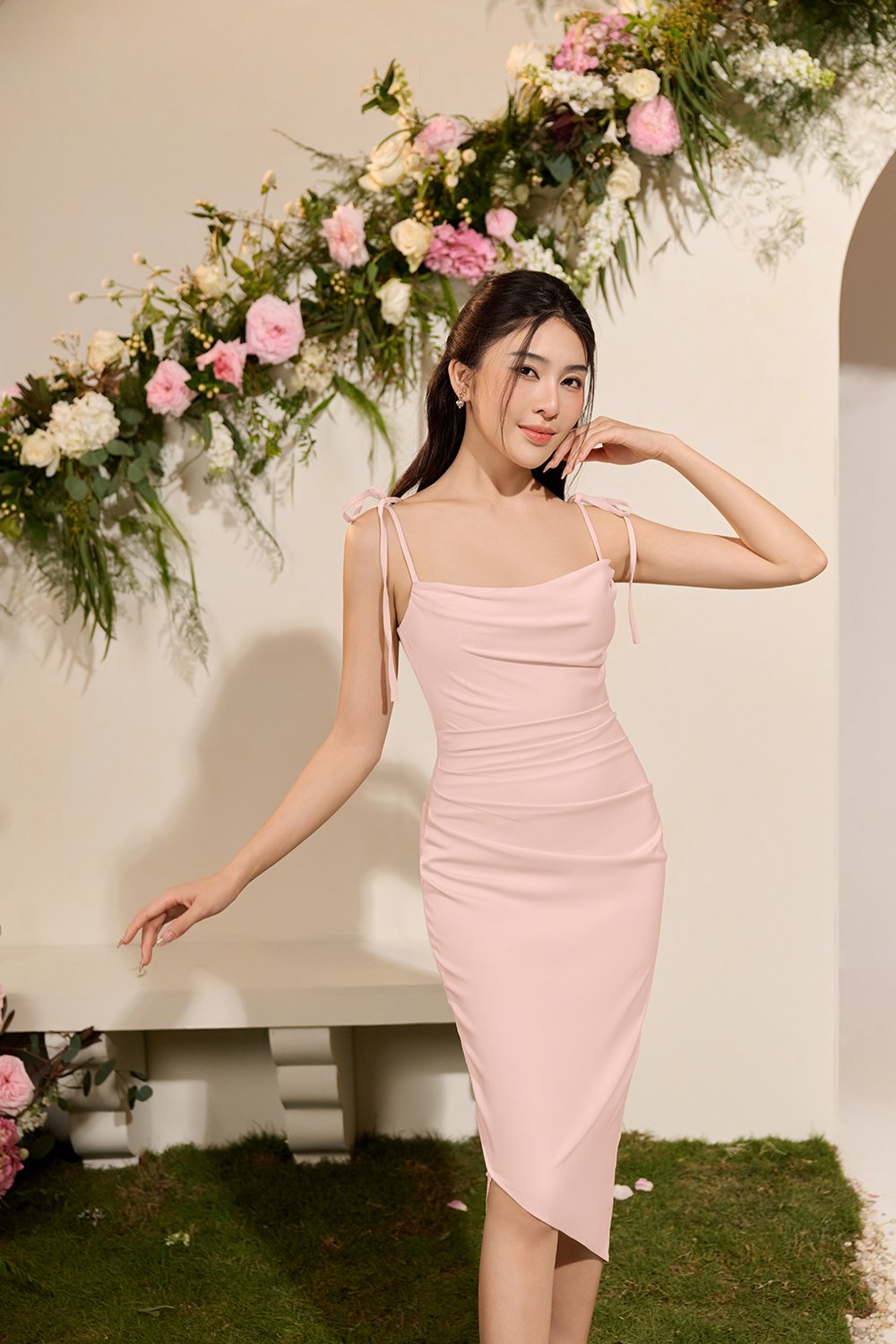 Adelaide Cowl Neck Slip Midi Dress in Ballerina Pink