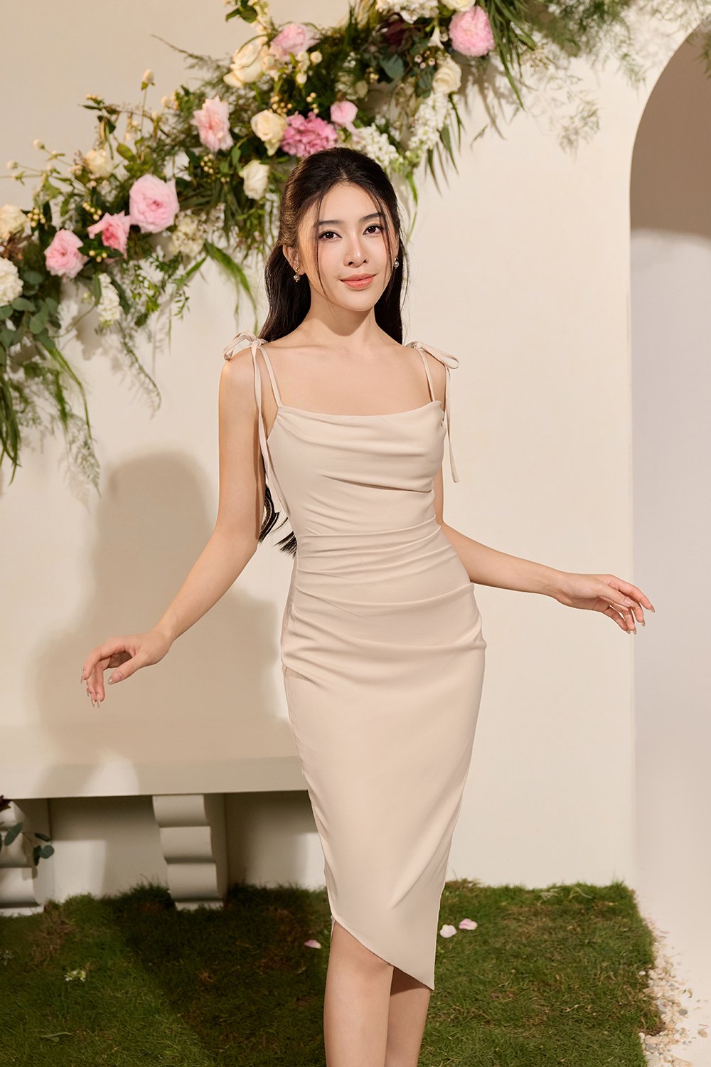 Adelaide Cowl Neck Slip Midi Dress in Champagne Glow