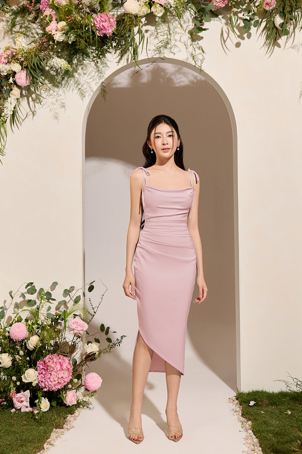 Adelaide Cowl Neck Slip Midi Dress in ⁠Peony Blush