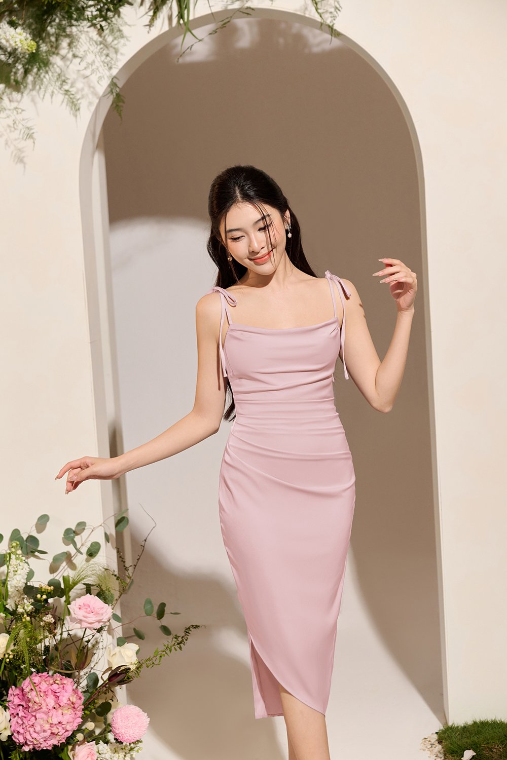 Adelaide Cowl Neck Slip Midi Dress in ⁠Peony Blush