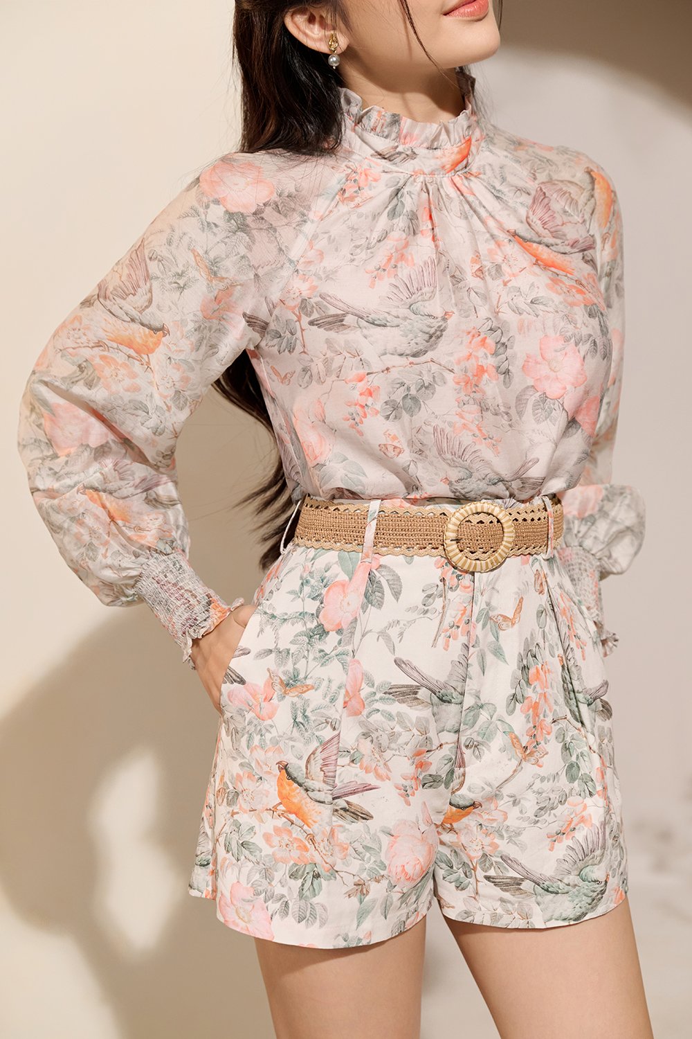 Ardelle High Waist Linen Shorts with Belt in White Songbird Symphony