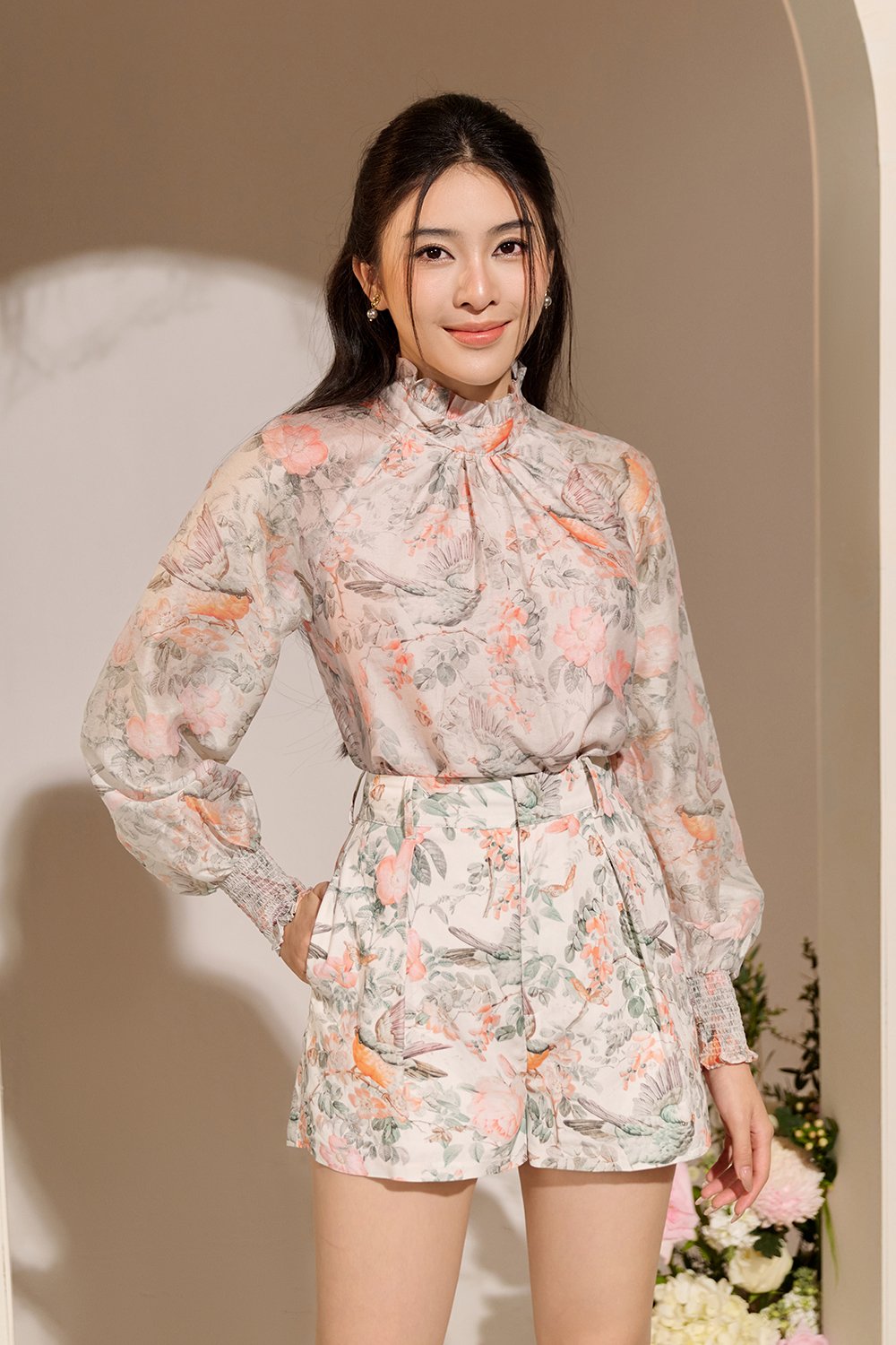 Ardelle High Waist Linen Shorts with Belt in White Songbird Symphony