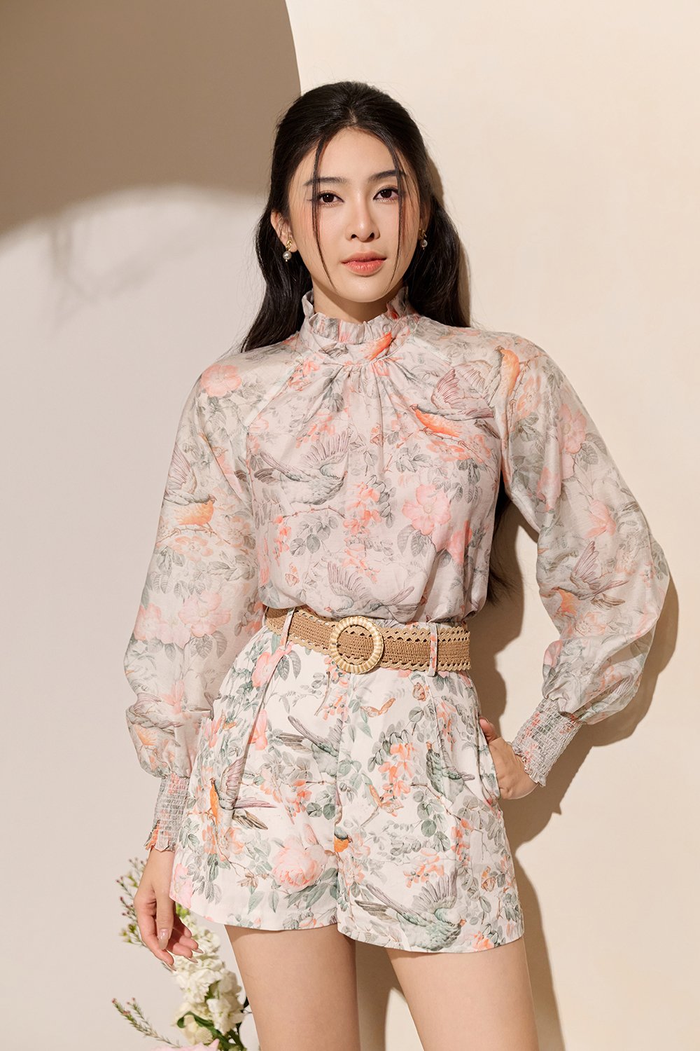 Ardelle High Waist Linen Shorts with Belt in White Songbird Symphony