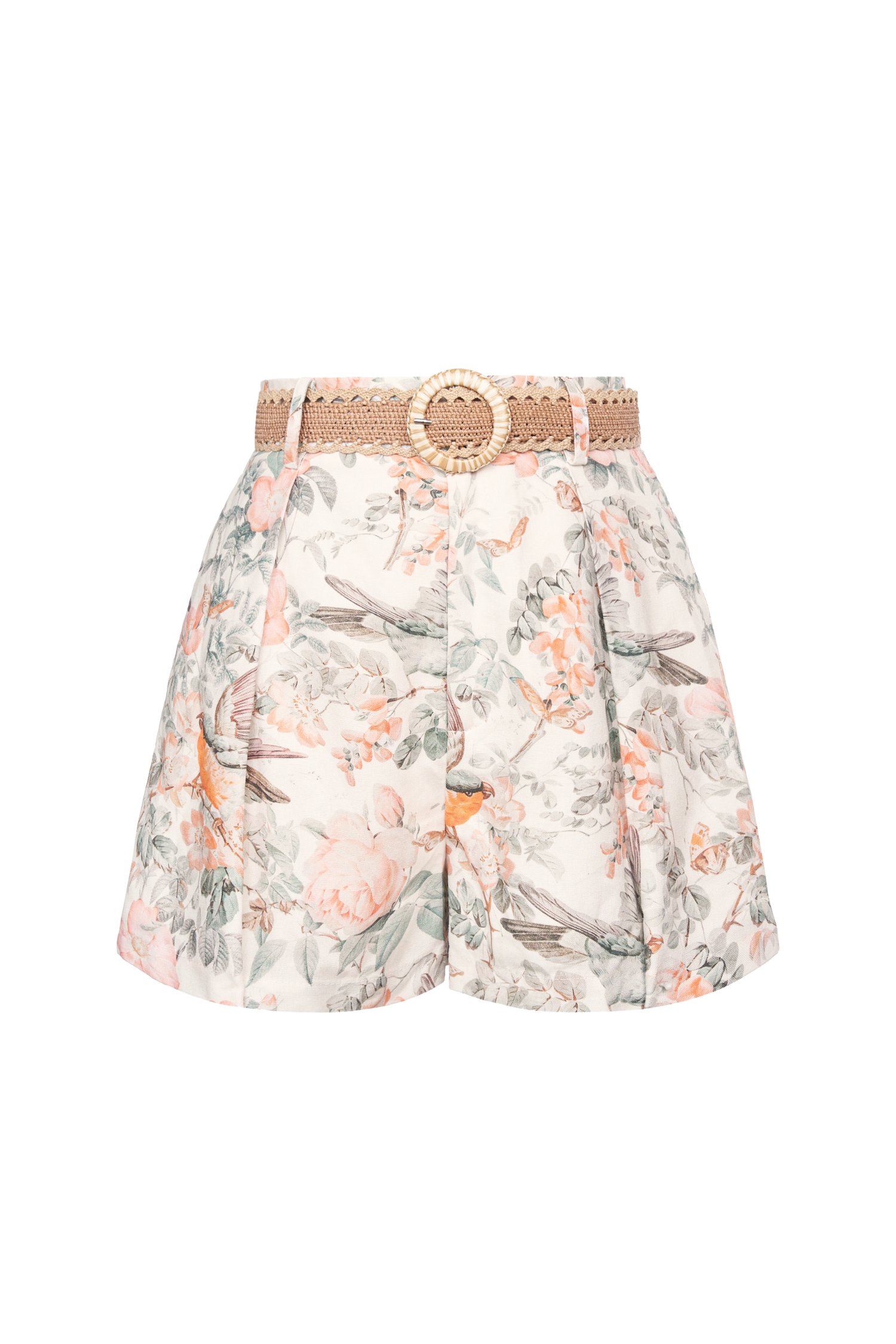 Ardelle High Waist Linen Shorts with Belt in White Songbird Symphony