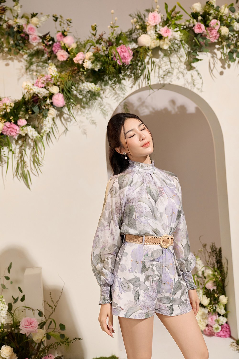 Ardelle High Waist Linen Shorts with Belt in White Whispering Lilac Grove